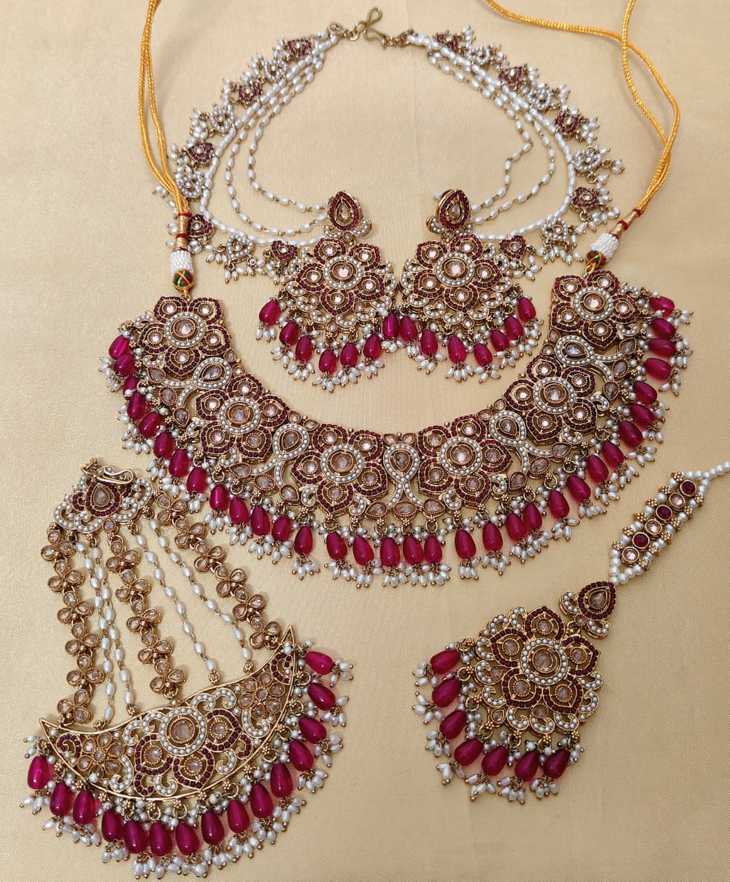Beautiful Premium Quality Reverse Ad Stone Work Pakistani Necklace With Bahubali Earrings And Tika w